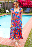 Follow Me Aqua Floral Print Square Neck Tiered Ruffle Maxi Dress