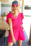 Feeling Femme' Fuchsia Smocked Waist V Neck Flutter Sleeve Romper