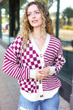 Cozy Days Magenta Checkered & Striped Button-Down Cardigan