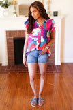 Find Yourself Fuchsia Geo Abstract V Neck Flutter Sleeve Top