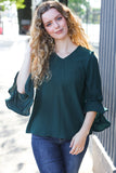 Falling In Love Hunter Green Hi-Lo Ruffle Sleeve Woven Top