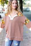 Charming Caramel Floral Print Colorblock Notch Neck Top