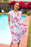 Hello Beautiful Ivory & Fuchsia Floral Sequin Smock Waist Midi Dress