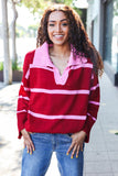 Fall For You Crimson Stripe Notched Neck Collared Oversized Sweater