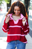 Fall For You Crimson Stripe Notched Neck Collared Oversized Sweater