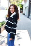 Fall For You Black Stripe Notched Neck Collared Oversized Sweater