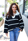 Fall For You Black Stripe Notched Neck Collared Oversized Sweater