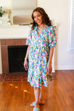 Can't Say No Mint & Fuchsia Floral Notch Neck Bubble Sleeve Dress