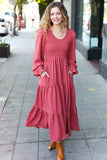 Beautiful You Lock Eyes Marsala Smocked Ruffle Sleeve Maxi Dress