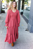 Beautiful You Lock Eyes Marsala Smocked Ruffle Sleeve Maxi Dress