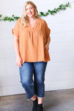 Tangerine Cotton Banded V Neck Frayed Pocketed Top