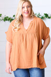 Tangerine Cotton Banded V Neck Frayed Pocketed Top