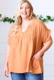 Tangerine Cotton Banded V Neck Frayed Pocketed Top