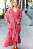 Beautiful You Lock Eyes Marsala Smocked Ruffle Sleeve Maxi Dress