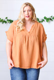 Tangerine Cotton Banded V Neck Frayed Pocketed Top