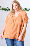 Tangerine Cotton Banded V Neck Frayed Pocketed Top