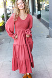 Beautiful You Lock Eyes Marsala Smocked Ruffle Sleeve Maxi Dress