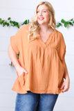 Tangerine Cotton Banded V Neck Frayed Pocketed Top