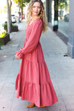 Beautiful You Lock Eyes Marsala Smocked Ruffle Sleeve Maxi Dress