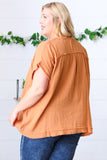 Tangerine Cotton Banded V Neck Frayed Pocketed Top