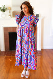 Feel Your Best Purple Abstract Print Smocked Ruffle Sleeve Maxi Dress