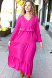 Beautiful You Berry Pintuck Detail Frill V Neck Maxi Dress