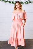 Coral off Shoulder Smocked Waist Ruffle Sleeve Midi Dress