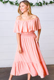 Coral off Shoulder Smocked Waist Ruffle Sleeve Midi Dress