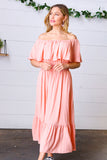 Coral off Shoulder Smocked Waist Ruffle Sleeve Midi Dress