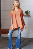 Tangerine Cotton Banded V Neck Frayed Pocketed Top