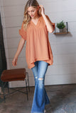 Tangerine Cotton Banded V Neck Frayed Pocketed Top