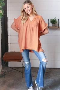 Tangerine Cotton Banded V Neck Frayed Pocketed Top