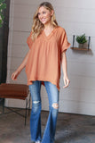 Tangerine Cotton Banded V Neck Frayed Pocketed Top