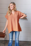 Tangerine Cotton Banded V Neck Frayed Pocketed Top