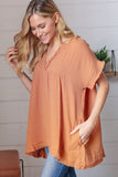 Tangerine Cotton Banded V Neck Frayed Pocketed Top