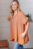 Tangerine Cotton Banded V Neck Frayed Pocketed Top