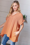 Tangerine Cotton Banded V Neck Frayed Pocketed Top