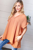 Tangerine Cotton Banded V Neck Frayed Pocketed Top