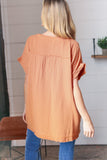 Tangerine Cotton Banded V Neck Frayed Pocketed Top