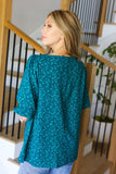 Perfectly You Teal Floral Three Quarter Sleeve Square Neck Top