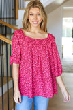 Perfectly You Fuchsia Floral Three Quarter Sleeve Square Neck Top