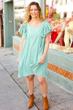 Out For The Day Sage Crinkle Woven Ruffle Sleeve Dress