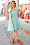 Out For The Day Sage Crinkle Woven Ruffle Sleeve Dress