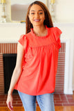 Red-Orange Mock Neck Flutter Sleeve Top