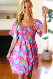 Vacay Vibes Fuchsia Floral Print Fit & Flare Smocked Dress