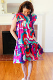 Go For Fun Fuchsia Geo Print Tiered Ruffle Sleeve Woven Dress