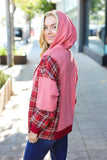 Adorable in Marsala Plaid Color Block Zipper French Terry Hoodie