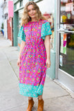 Charming Fuchsia & Mint Floral Frill Mock Neck Flutter Sleeve Midi Dress