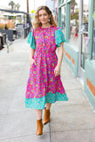 Charming Fuchsia & Mint Floral Frill Mock Neck Flutter Sleeve Midi Dress