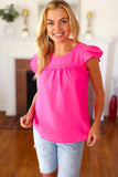 All For You Fuchsia Scallop Lace Yoke Tulip Sleeve Top